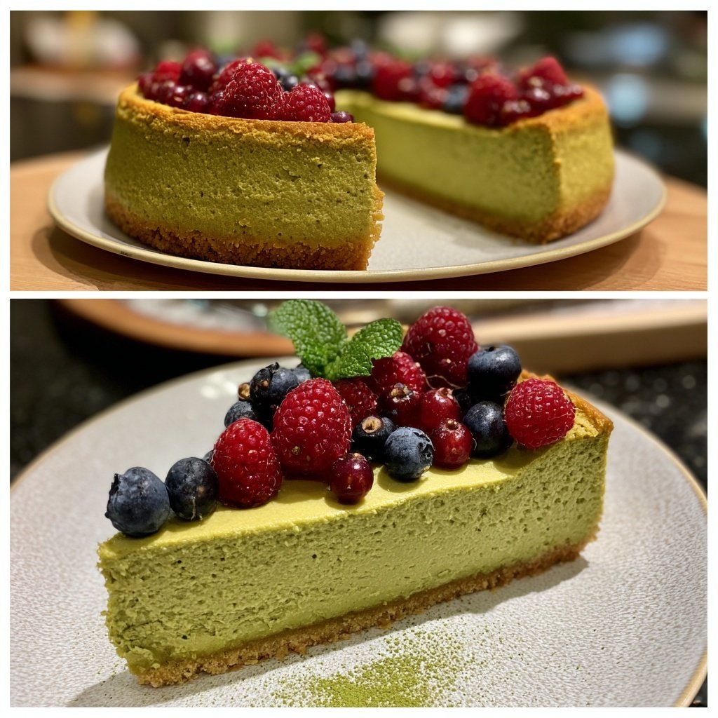 Japanischer Matcha Käsekuchen mit Beeren