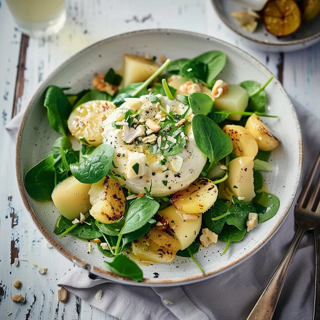 Herzhafte Käse Kräuter Panna Cotta und Käse-Chips mit Stilfser g.U. Käse auf Spinatsalat mit Trauben und Walnusskernen