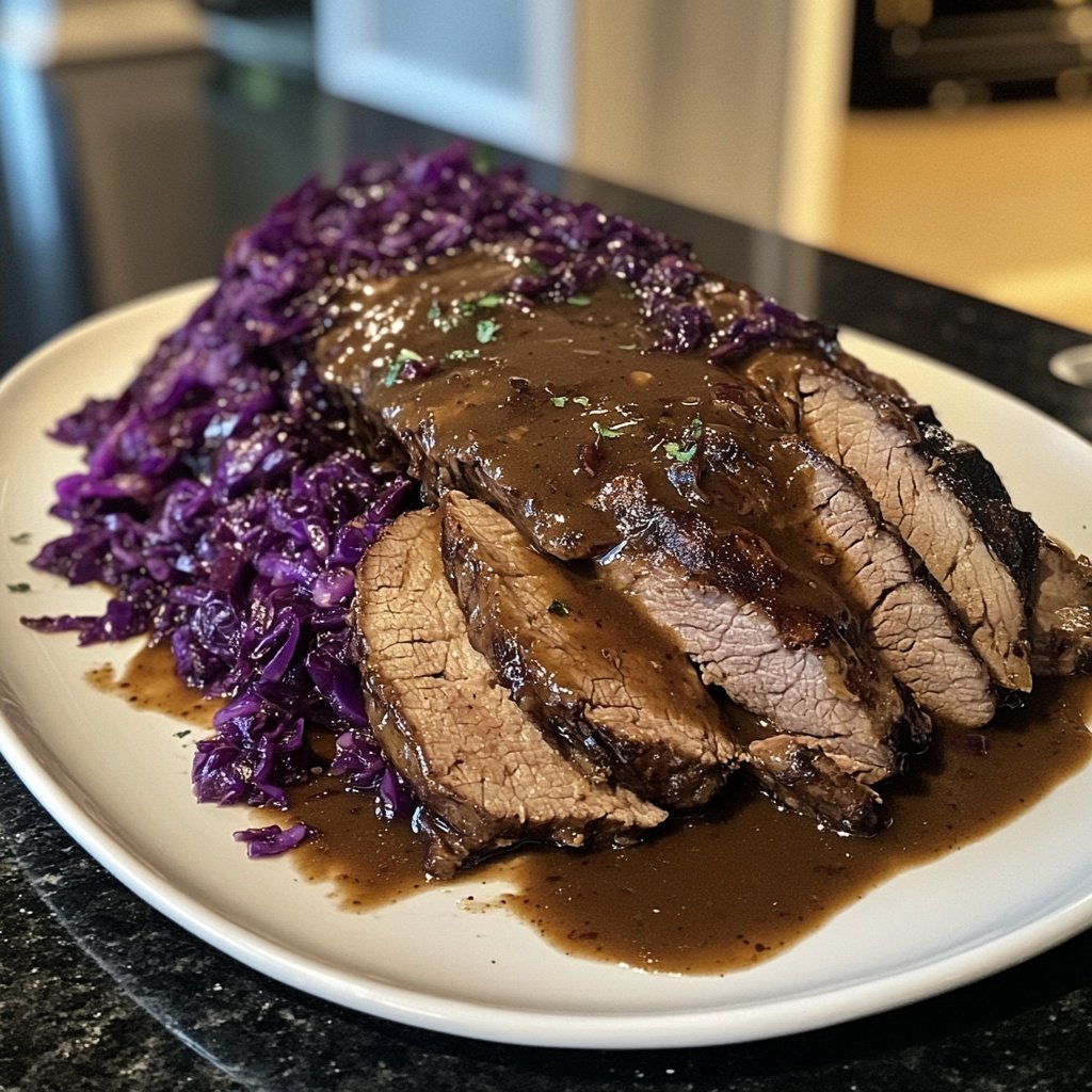 Deftiger Hausmannskost-Rinderbraten mit Rotkohl