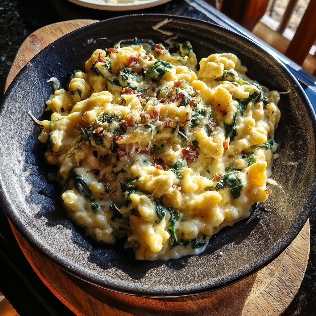 Käsespätzle mit Rahmspinat und Gouda