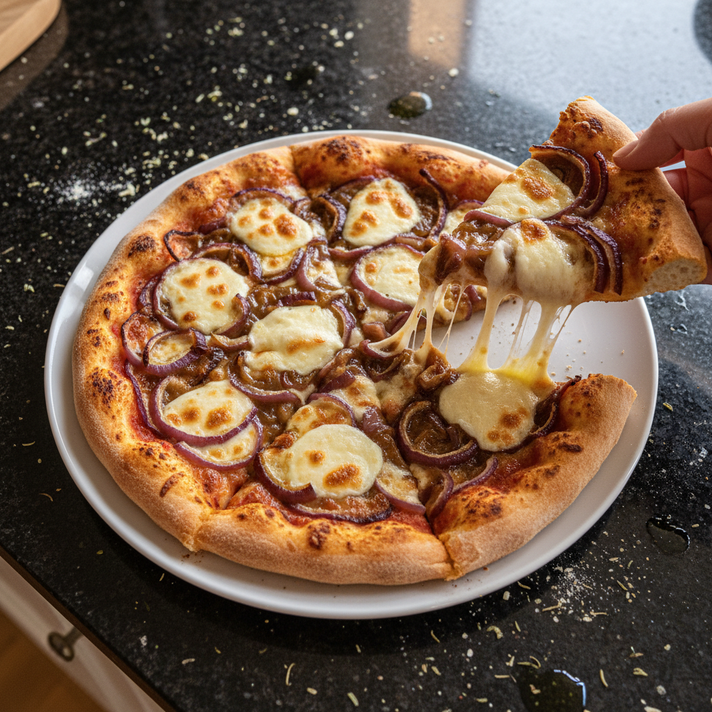 Karamellisierte Zwiebel Pizza mit Mozzarella