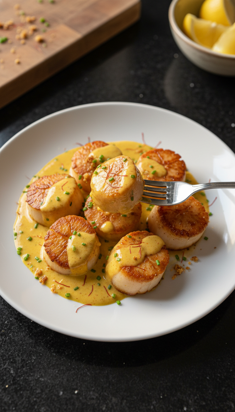 Safran Cremige Gebratene Jakobsmuscheln​