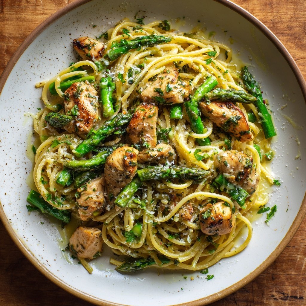 Hähnchen und Spargel Pasta mit Kräutern